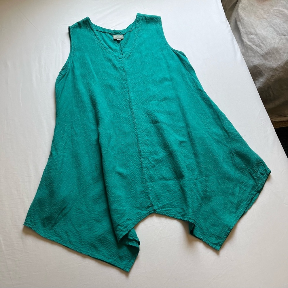 NICHE NILGUN DERMAN green textured lagenlook draped sharkbite‎ tunic mini dress